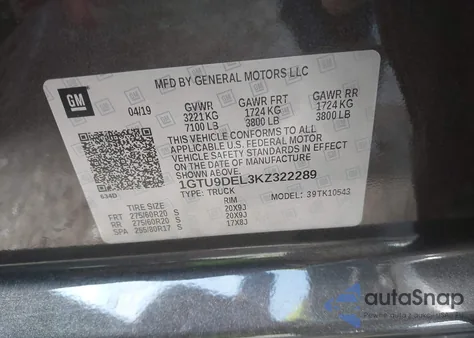 2019 GMC Sierra 1500 Slt из США, поврежденный, VIN 1GTU9DEL3KZ322289